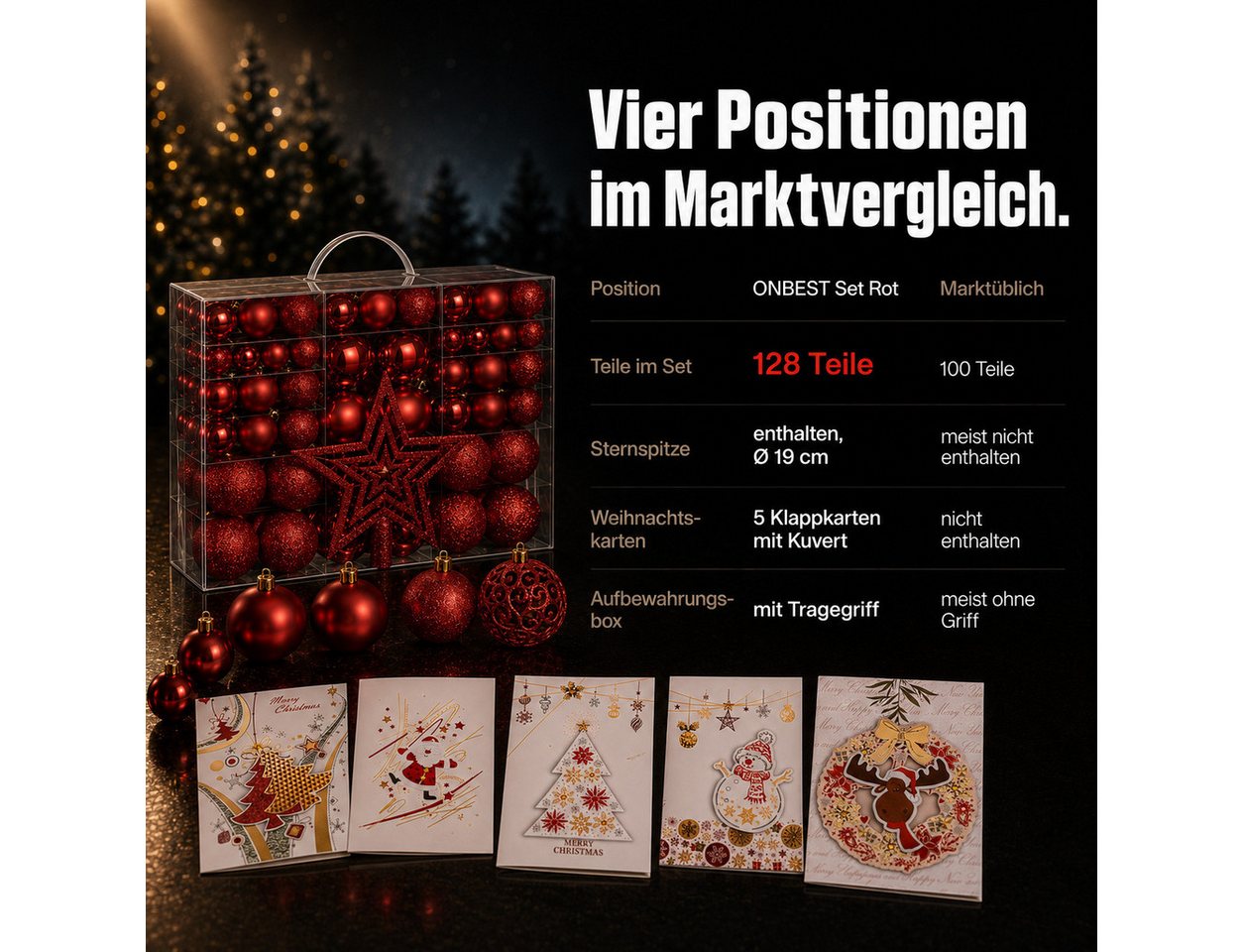 Onbest Weihnachtsbaumkugel Weihnachtskugeln 128-teiliges Set PLUS 5x Karten & 1x Baumspitze, in 3 Größen, 3 Designs, Weihnachtsschmuck Weihnachtsdeko – Bild 3 von 5