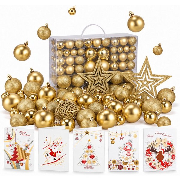 Onbest Weihnachtsbaumkugel Weihnachtskugeln 128-teiliges Set PLUS 5x Karten & 1x Baumspitze, in 3 Größen, 3 Designs, Weihnachtsschmuck Weihnachtsdeko