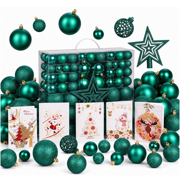 Onbest Weihnachtsbaumkugel Weihnachtskugeln 128-teiliges Set PLUS 5x Karten & 1x Baumspitze, in 3 Größen, 3 Designs, Weihnachtsschmuck Weihnachtsdeko