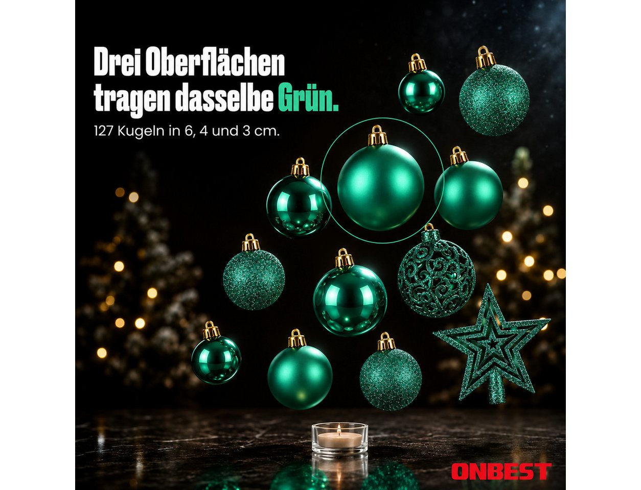 Onbest Weihnachtsbaumkugel Weihnachtskugeln 128-teiliges Set PLUS 5x Karten & 1x Baumspitze, in 3 Größen, 3 Designs, Weihnachtsschmuck Weihnachtsdeko – Bild 2 von 5