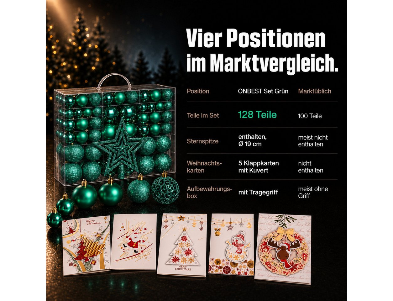 Onbest Weihnachtsbaumkugel Weihnachtskugeln 128-teiliges Set PLUS 5x Karten & 1x Baumspitze, in 3 Größen, 3 Designs, Weihnachtsschmuck Weihnachtsdeko – Bild 3 von 5