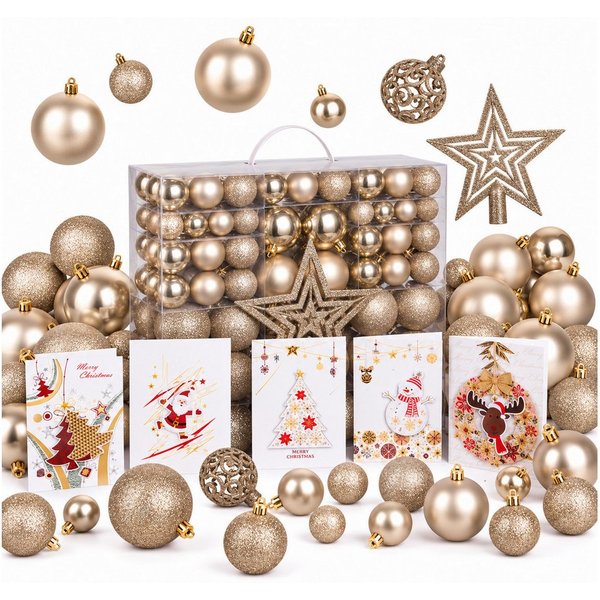Onbest Weihnachtsbaumkugel Weihnachtskugeln 128-teiliges Set PLUS 5x Karten & 1x Baumspitze, in 3 Größen, 3 Designs, Weihnachtsschmuck Weihnachtsdeko