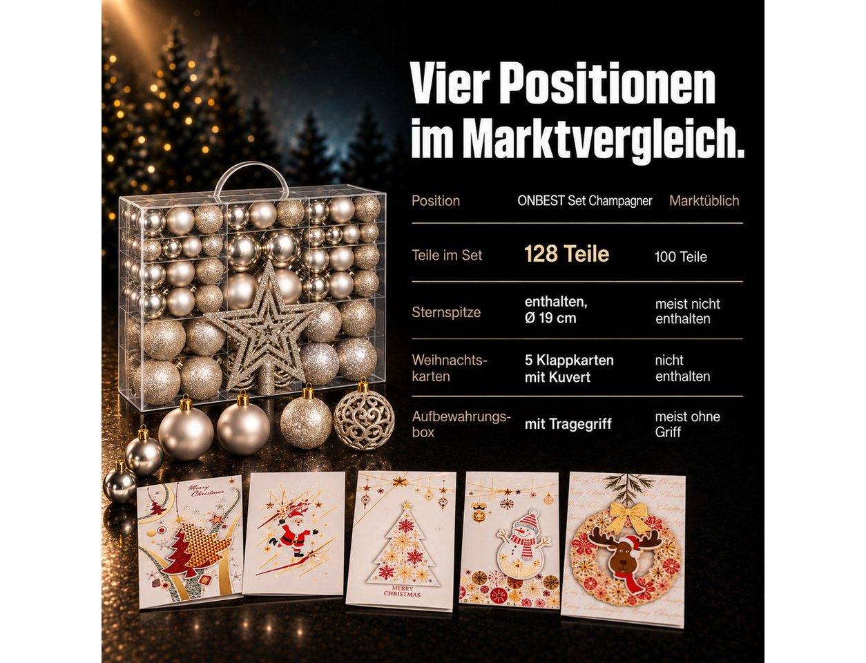 Onbest Weihnachtsbaumkugel Weihnachtskugeln 128-teiliges Set PLUS 5x Karten & 1x Baumspitze, in 3 Größen, 3 Designs, Weihnachtsschmuck Weihnachtsdeko – Bild 3 von 5
