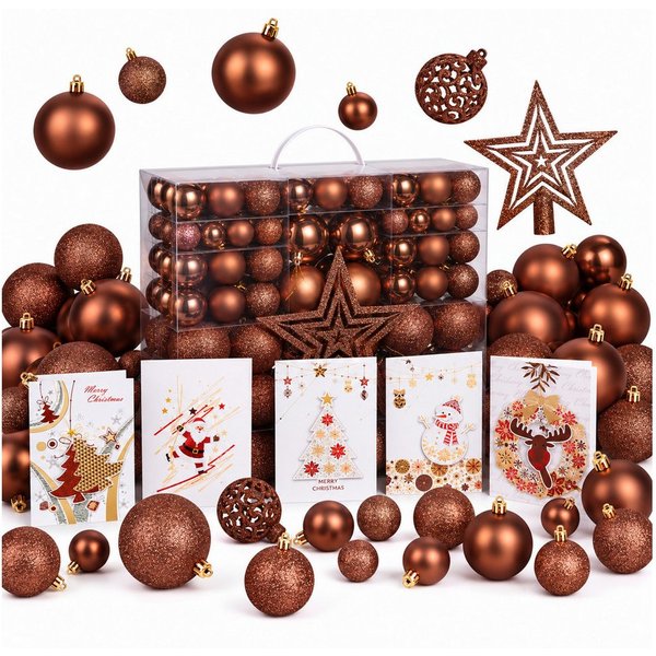 Onbest Weihnachtsbaumkugel Weihnachtskugeln 128-teiliges Set PLUS 5x Karten & 1x Baumspitze, in 3 Größen, 3 Designs, Weihnachtsschmuck Weihnachtsdeko
