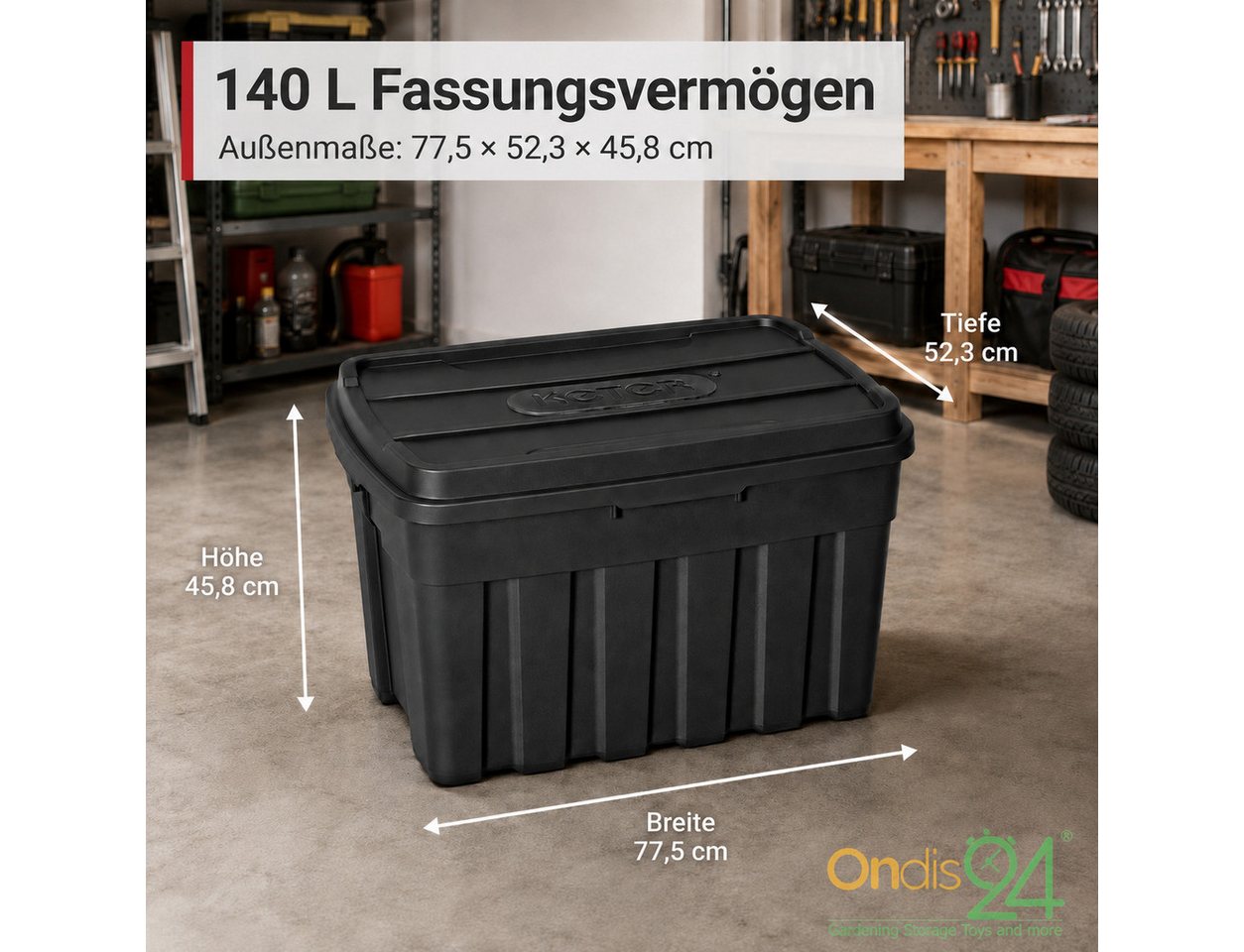 ONDIS24 Aufbewahrungsbox Tuffbox Lagerbox mit Deckel 140L schwarz, 77 x 52 x 47 cm, stapelbar, aus 100% recyceltem Material – Bild 2 von 5