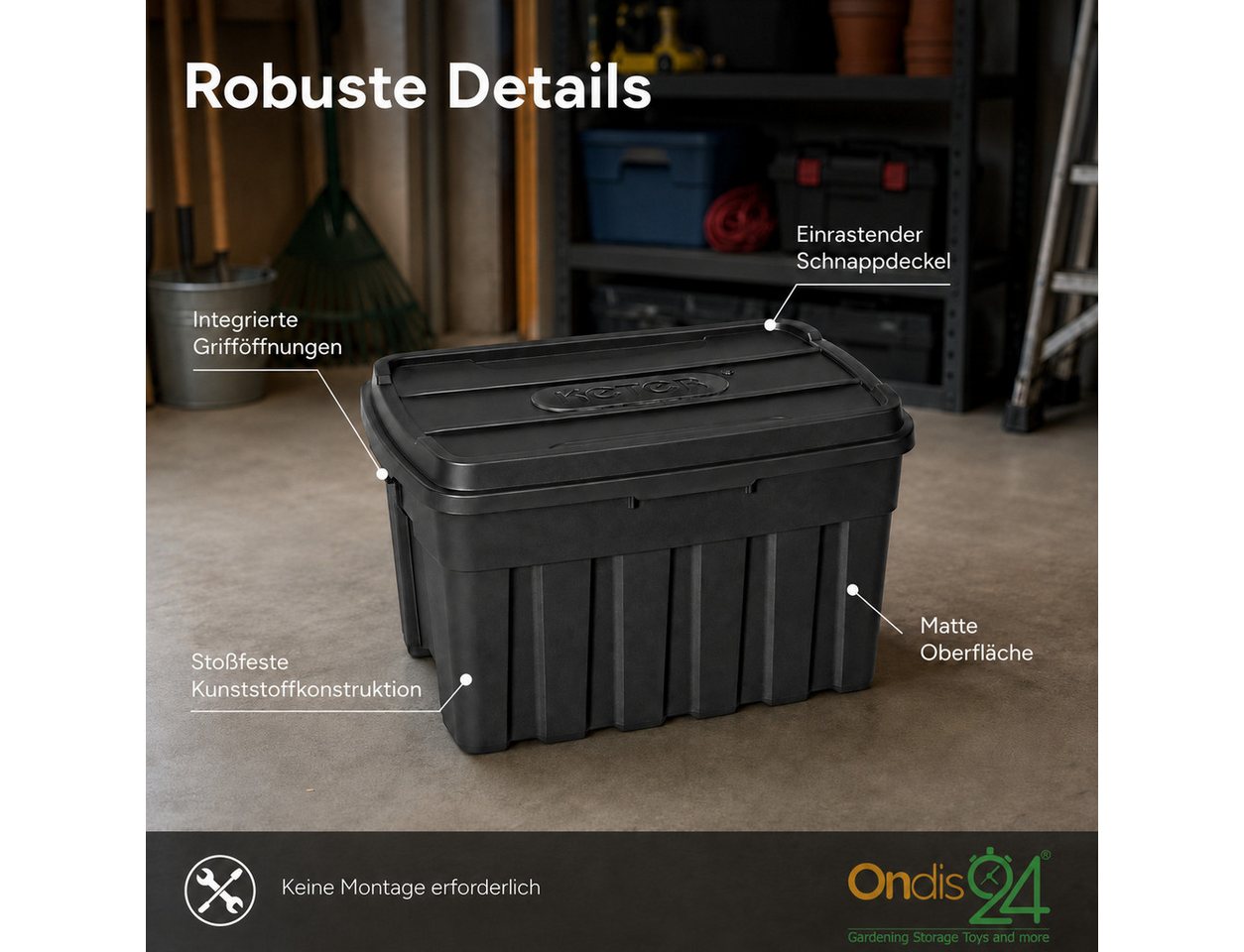 ONDIS24 Aufbewahrungsbox Tuffbox Lagerbox mit Deckel 140L schwarz, 77 x 52 x 47 cm, stapelbar, aus 100% recyceltem Material – Bild 3 von 5