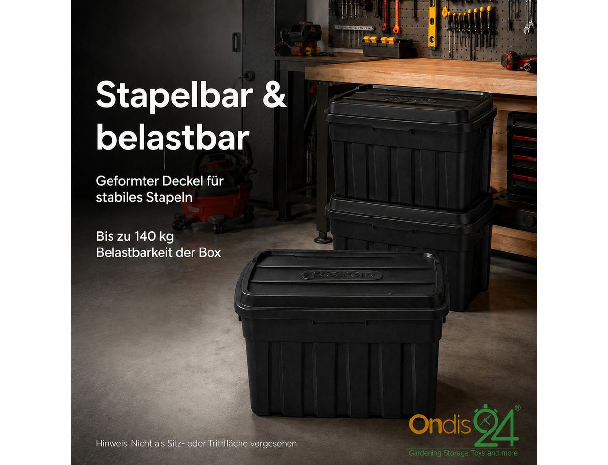 ONDIS24 Aufbewahrungsbox Tuffbox Lagerbox mit Deckel 140L schwarz, 77 x 52 x 47 cm, stapelbar, aus 100% recyceltem Material – Bild 4 von 5