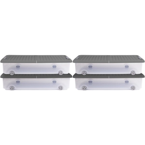 ONDIS24 Aufbewahrungsbox Unterbettbox Rollerbox 35 W aus Kunststoff (4er Set), Volumen ca. 35 Liter, Maße ca. 74 x 37 x 17 (H) cm, transparent-grau