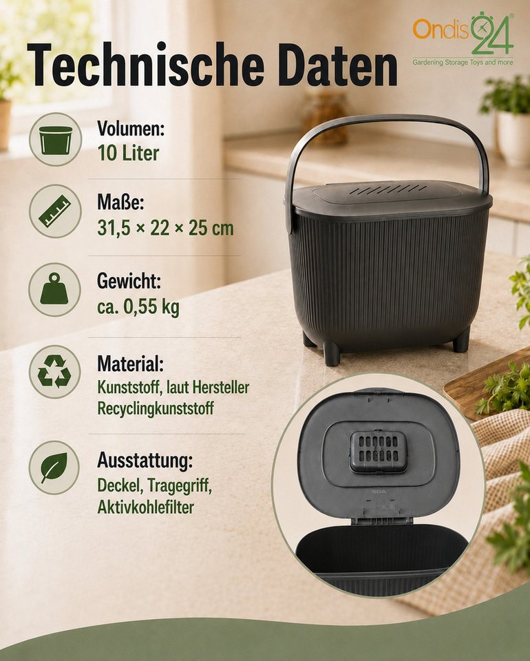 ONDIS24 Biomülleimer Bioabfalleimer, Komposteimer 10 L mit Aktivkohlefilter, Maße 31,5 × 22 × 25 cm, Gewicht 550g – Bild 2 von 5