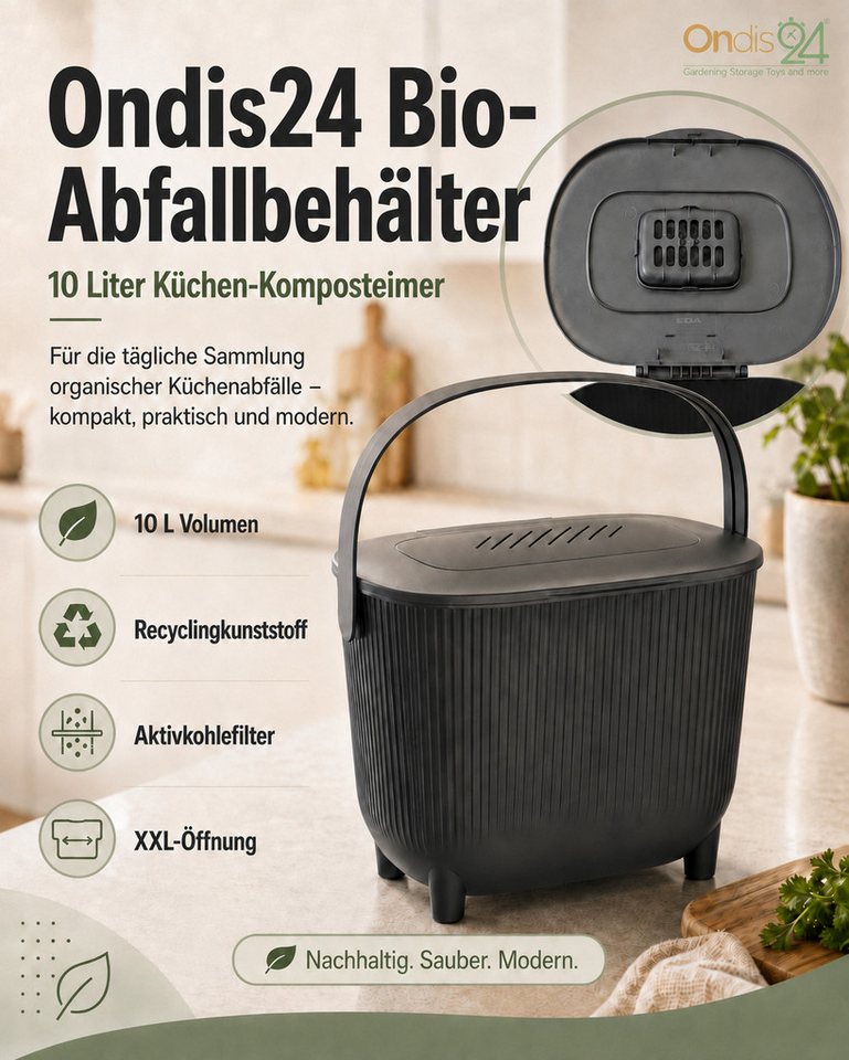 ONDIS24 Biomülleimer Bioabfalleimer, Komposteimer 10 L mit Aktivkohlefilter, Maße 31,5 × 22 × 25 cm, Gewicht 550g – Bild 3 von 5