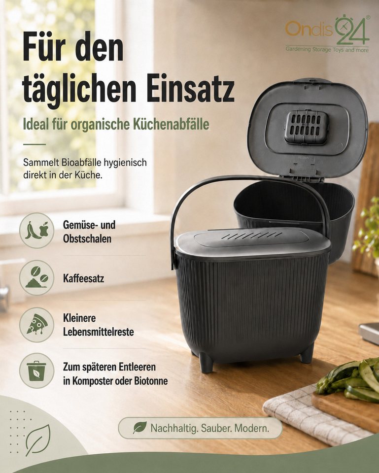 ONDIS24 Biomülleimer Bioabfalleimer, Komposteimer 10 L mit Aktivkohlefilter, Maße 31,5 × 22 × 25 cm, Gewicht 550g – Bild 4 von 5