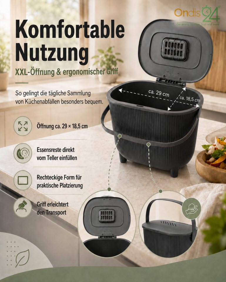 ONDIS24 Biomülleimer Bioabfalleimer, Komposteimer 10 L mit Aktivkohlefilter, Maße 31,5 × 22 × 25 cm, Gewicht 550g – Bild 5 von 5