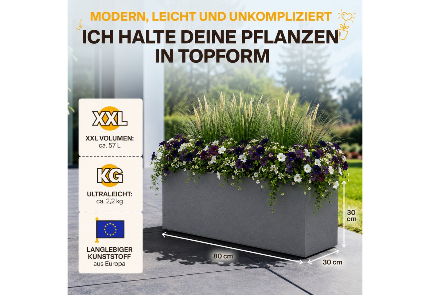 ONDIS24 Blumenkasten Vulkan 57L Gestein/Basalt Optik mit Wasserspeicher Pflanzenkasten, 79.5 x 29.5 x 29.5 (H) cm – Bild 2 von 5