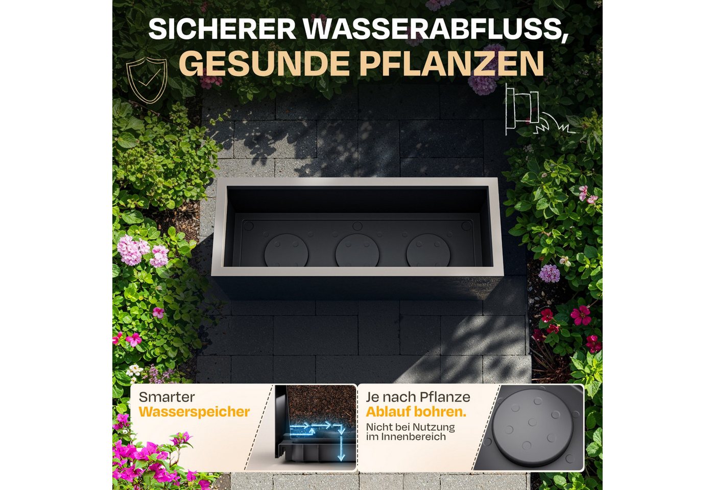 ONDIS24 Blumenkasten Vulkan 57L Gestein/Basalt Optik mit Wasserspeicher Pflanzenkasten, 79.5 x 29.5 x 29.5 (H) cm – Bild 4 von 5