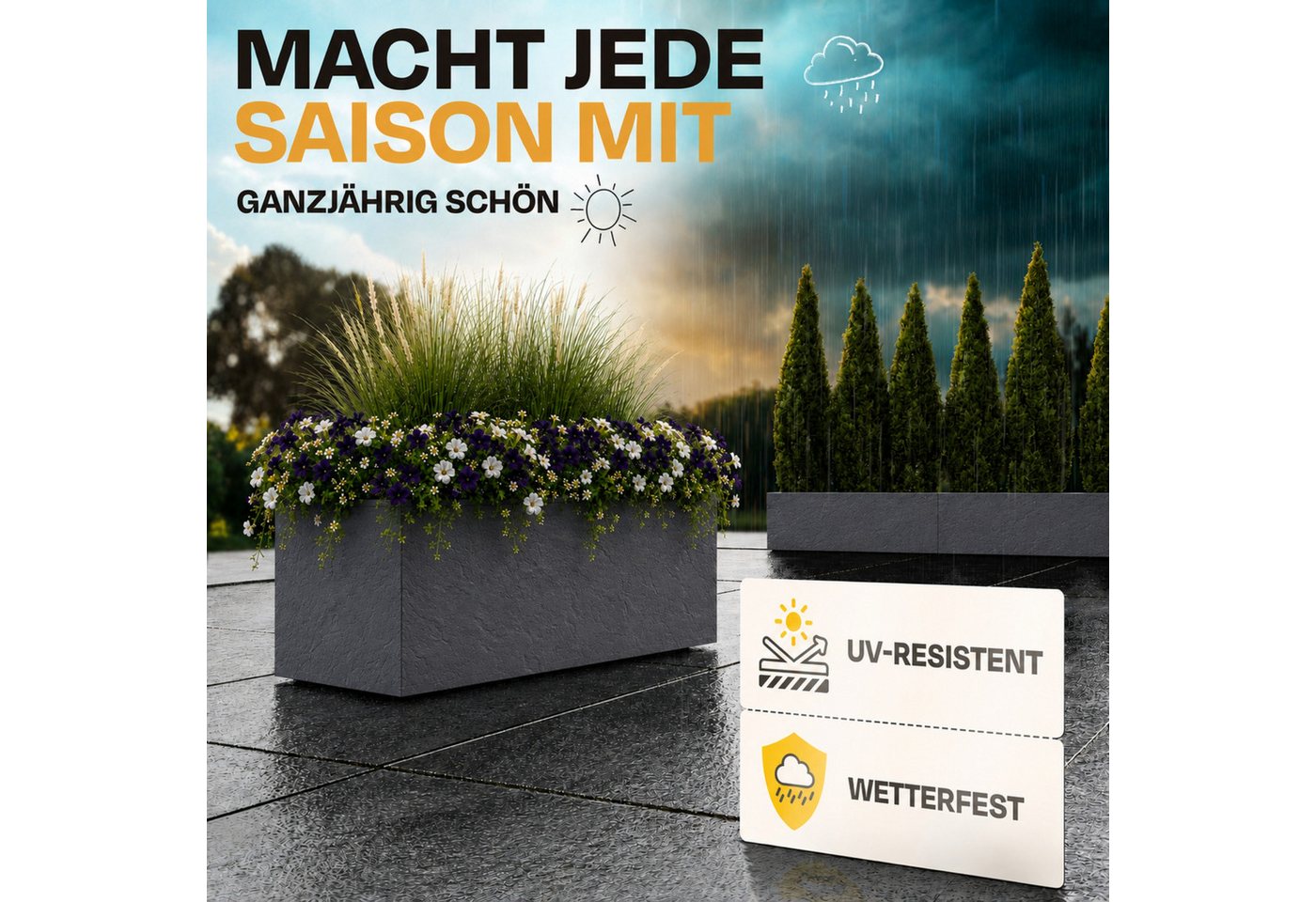 ONDIS24 Blumenkasten Vulkan 57L Gestein/Basalt Optik mit Wasserspeicher Pflanzenkasten, 79.5 x 29.5 x 29.5 (H) cm – Bild 5 von 5