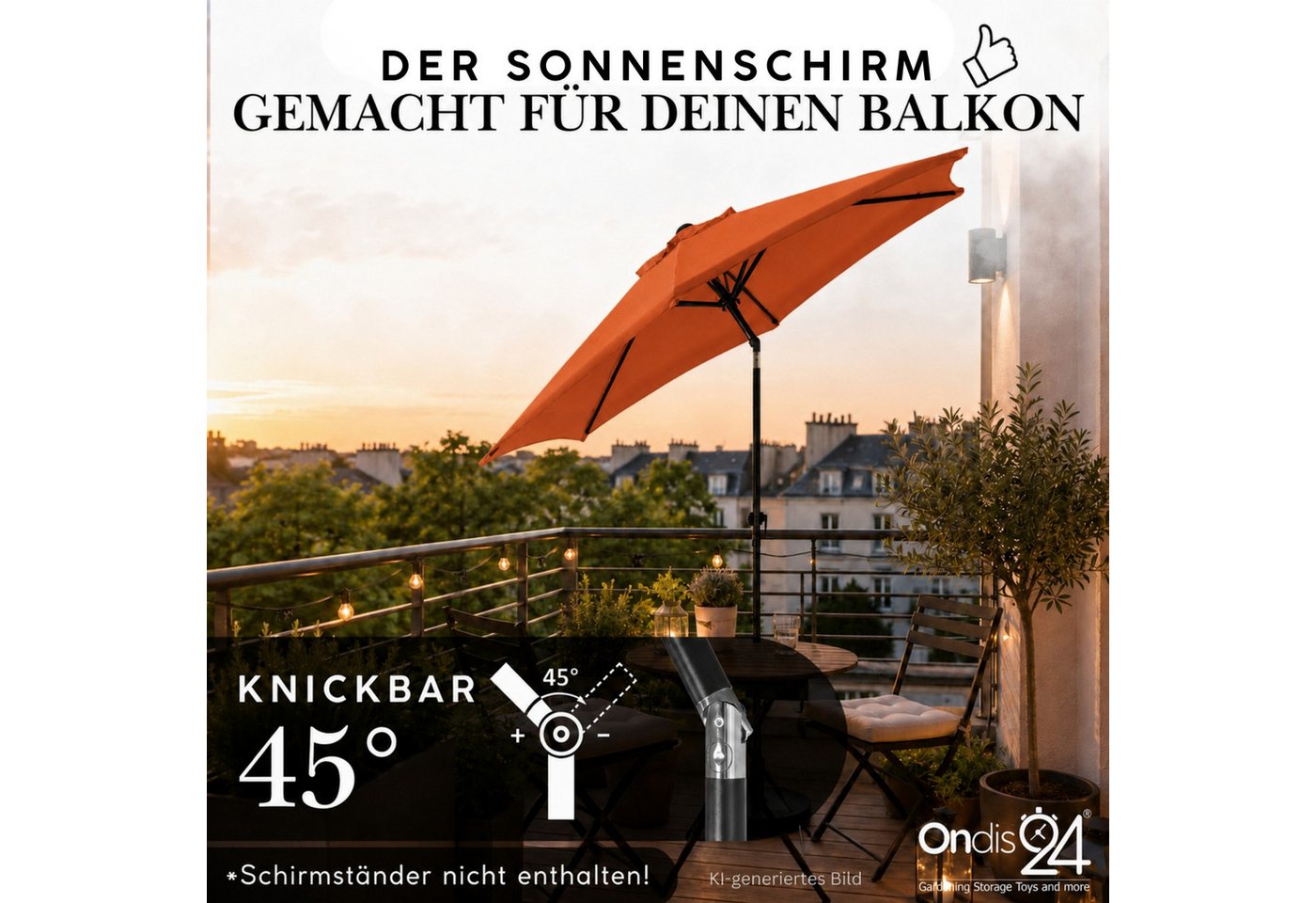 ONDIS24 Marktschirm 1,8 Meter Sonnenschutz Sonnenschirm, Knick-Gelenk, UV 50, 32 mm Rohr, 100% aus Polyester (160g/m) – Bild 2 von 5