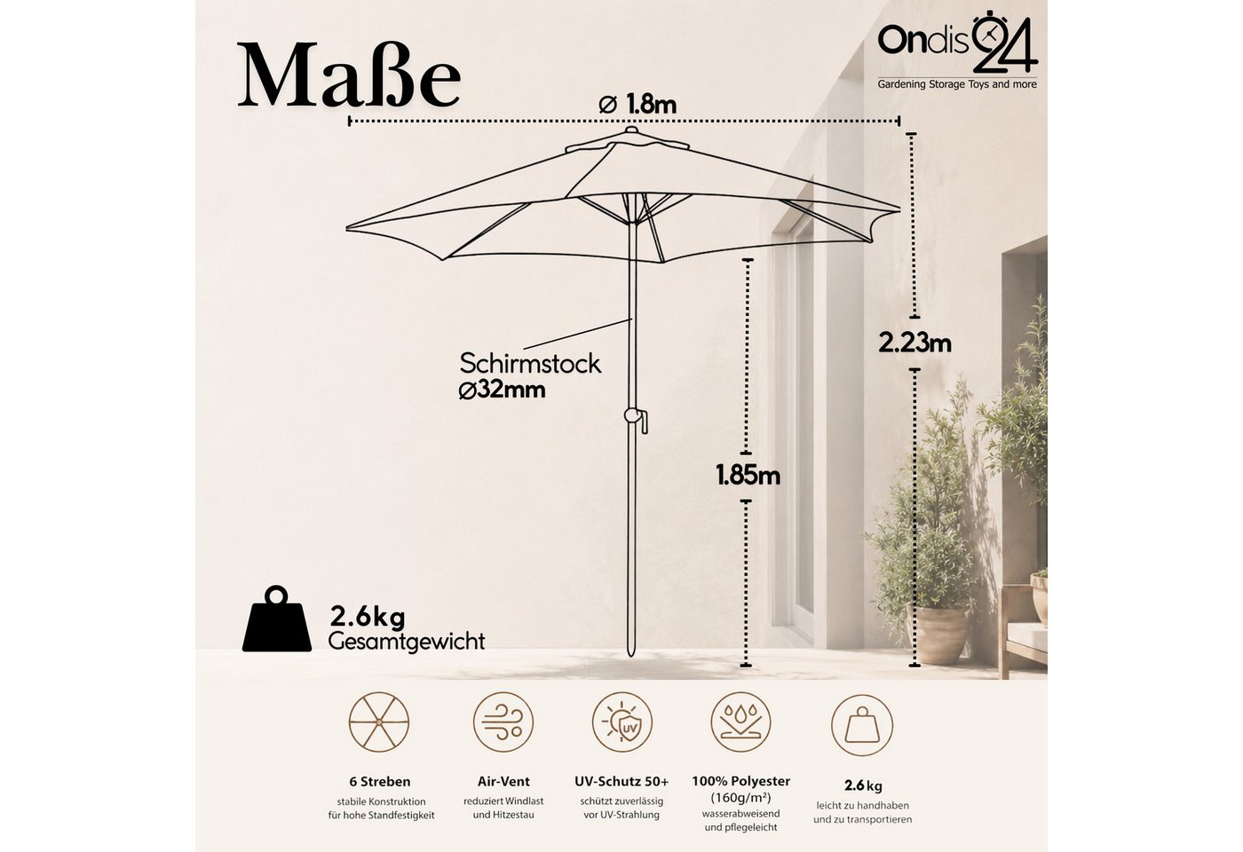 ONDIS24 Marktschirm 1,8 Meter Sonnenschutz Sonnenschirm, Knick-Gelenk, UV 50, 32 mm Rohr, 100% aus Polyester (160g/m) – Bild 3 von 5