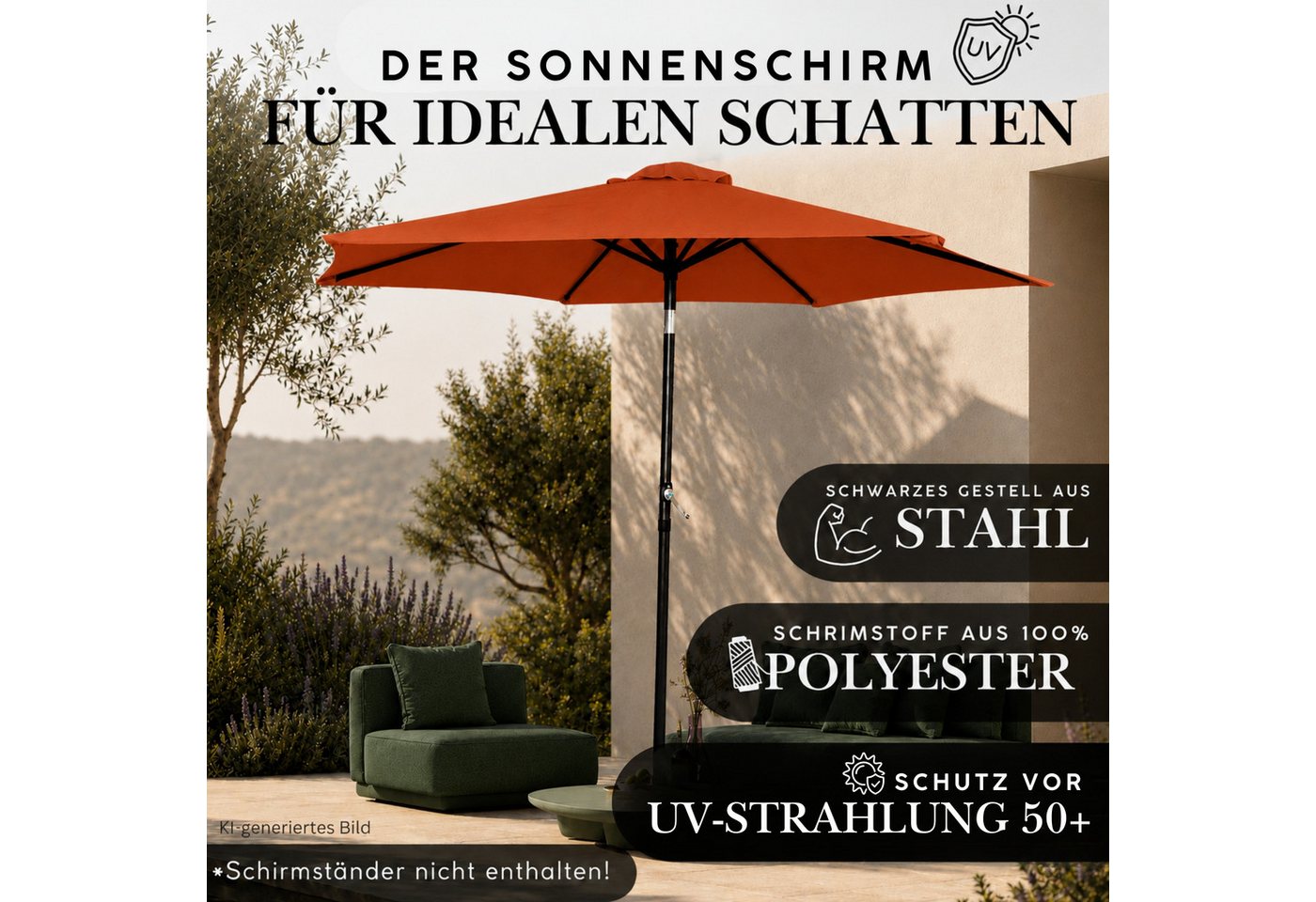 ONDIS24 Marktschirm 1,8 Meter Sonnenschutz Sonnenschirm, Knick-Gelenk, UV 50, 32 mm Rohr, 100% aus Polyester (160g/m) – Bild 4 von 5