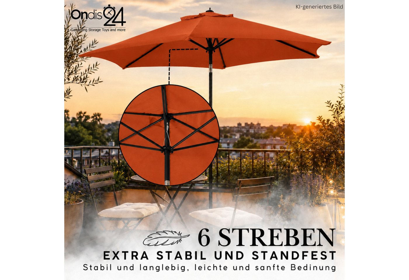 ONDIS24 Marktschirm 1,8 Meter Sonnenschutz Sonnenschirm, Knick-Gelenk, UV 50, 32 mm Rohr, 100% aus Polyester (160g/m) – Bild 5 von 5