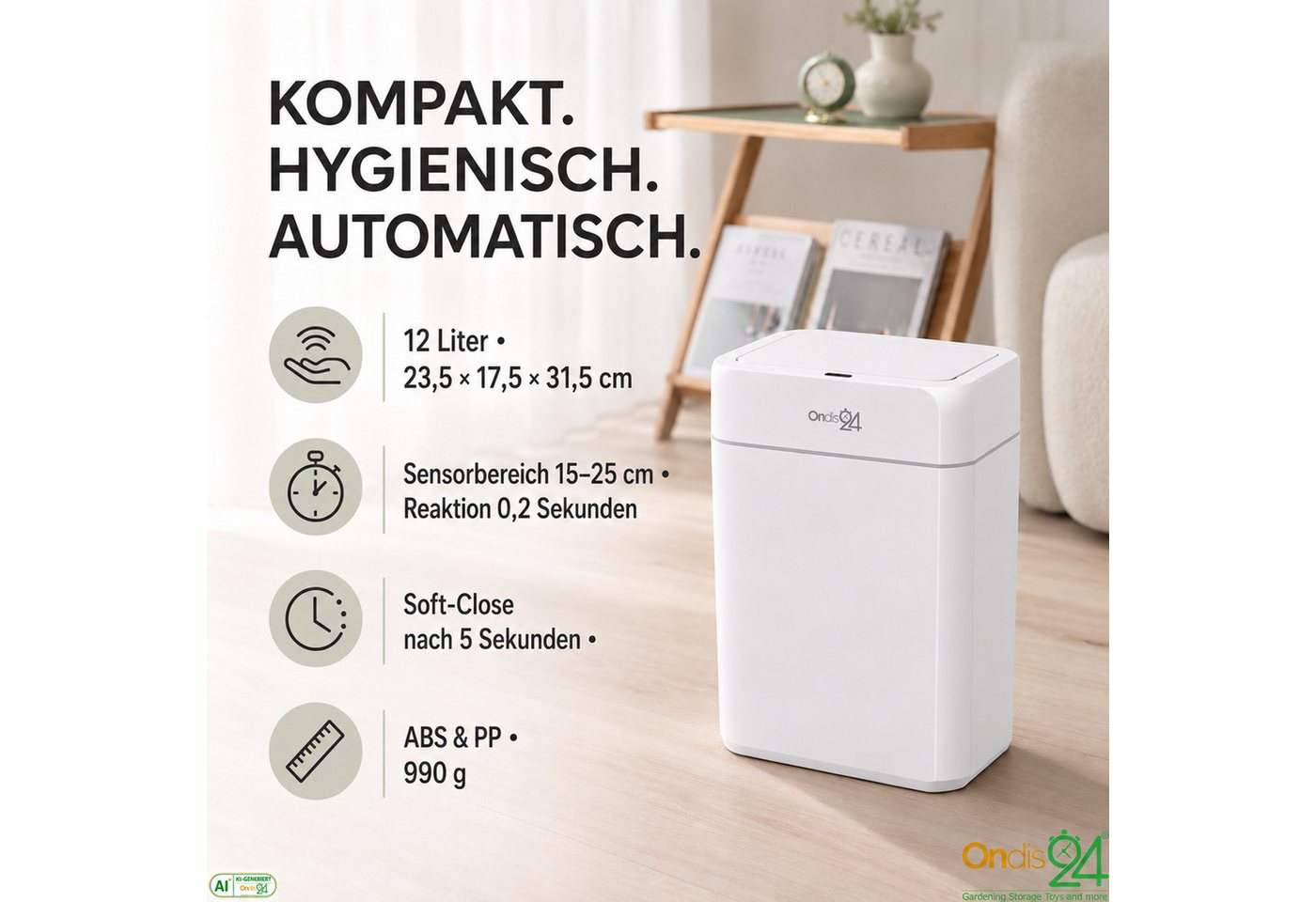 ONDIS24 Mülleimer Sensor Papierkorb Marlene mit Infrarot-Sensor, Soft Close, in 12/16/50 Liter für hygienische Abfallentsorgung – Bild 3 von 5