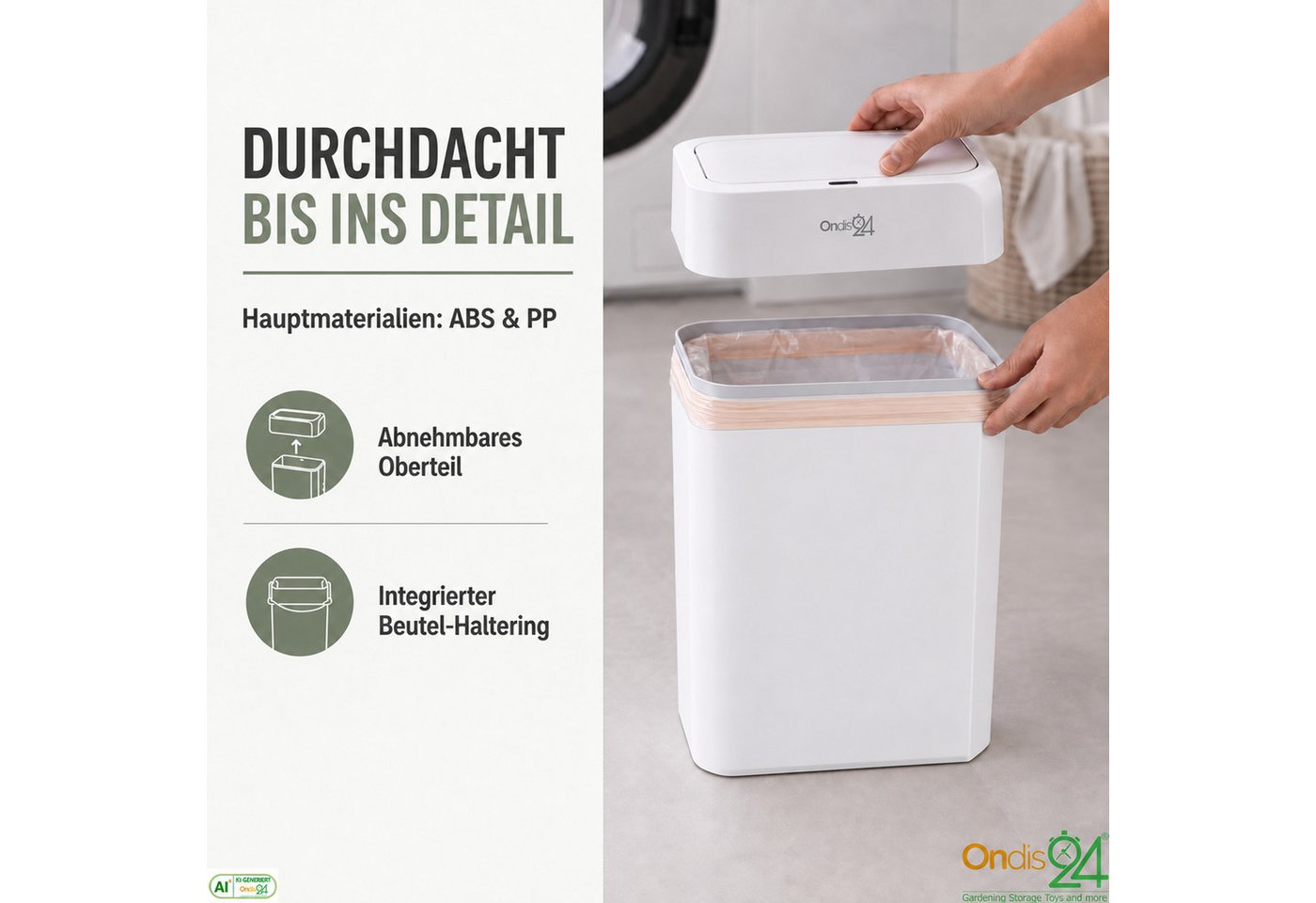 ONDIS24 Mülleimer Sensor Papierkorb Marlene mit Infrarot-Sensor, Soft Close, in 12/16/50 Liter für hygienische Abfallentsorgung – Bild 4 von 5
