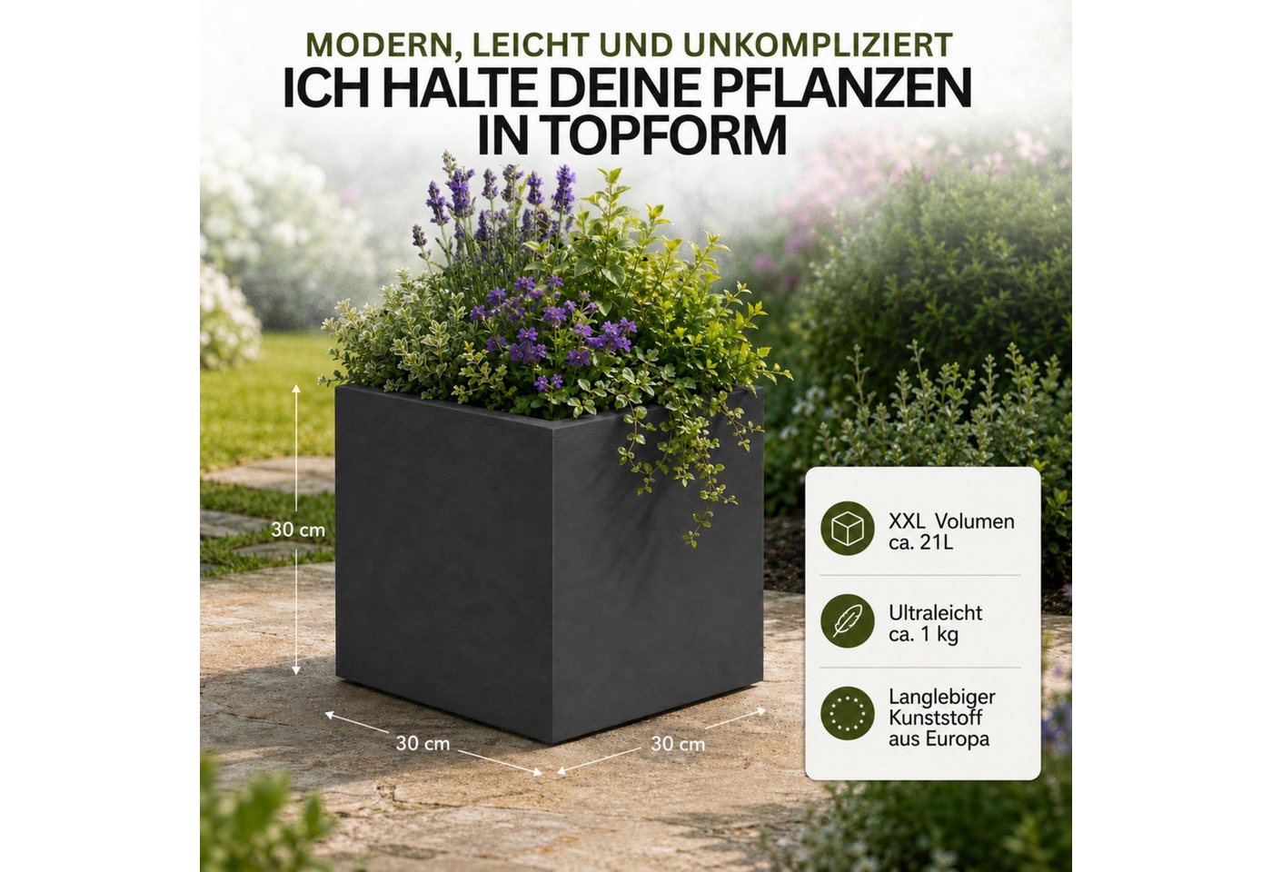 ONDIS24 Pflanzkübel Vulkan, 21L, Blumenkasten quadratisch, mit Wasserspeicher, robuster Kunststoff, UV - und witterungsbeständig – Bild 2 von 5
