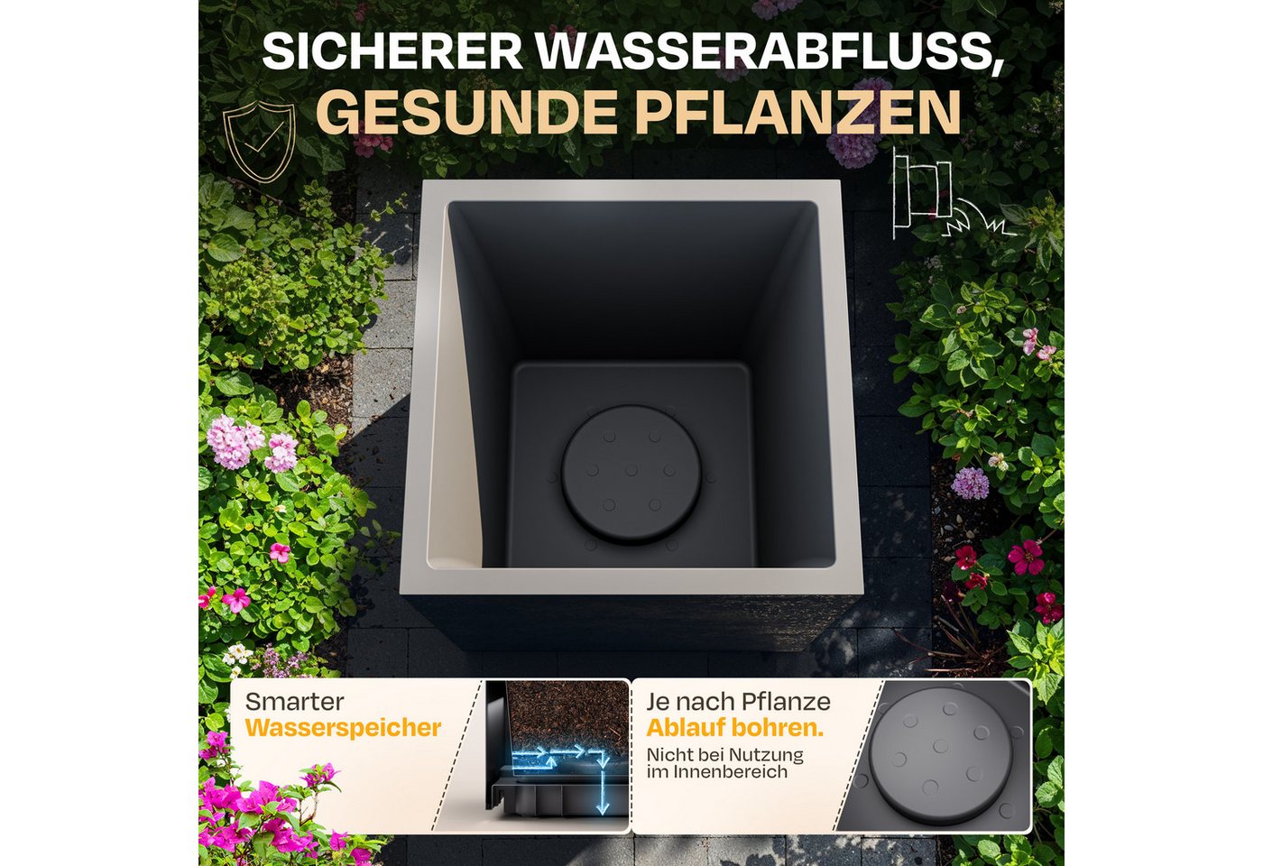 ONDIS24 Pflanzkübel Vulkan, 21L, Blumenkasten quadratisch, mit Wasserspeicher, robuster Kunststoff, UV - und witterungsbeständig – Bild 3 von 5