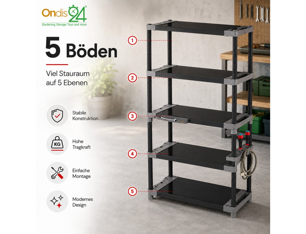 ONDIS24 Schwerlastregal Lagerregal Steckregal Kunststoffregal Qualipro 175 cm hoch, je 5 Böden bis gesamt 600/750 kg belastbar, mit Halterungen – Bild 4 von 5