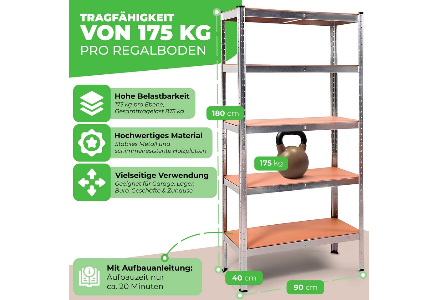 ONDIS24 Schwerlastregal Metallregal Thomas, Lagerregal 90 x 40 x 180 (H) cm, Kellerregal, 2-tlg., 875kg Steckregal mit 5 Einlegeböden, Werkstattregal 5X 175kg b – Bild 2 von 5