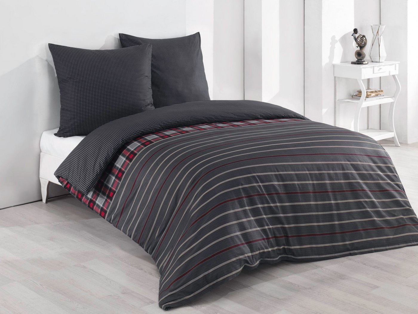 One Home Bettwäsche Berry, Renforcé, 3 teilig, Baumwolle, gestreift und kariert, Doppelbett – Bild 2 von 5