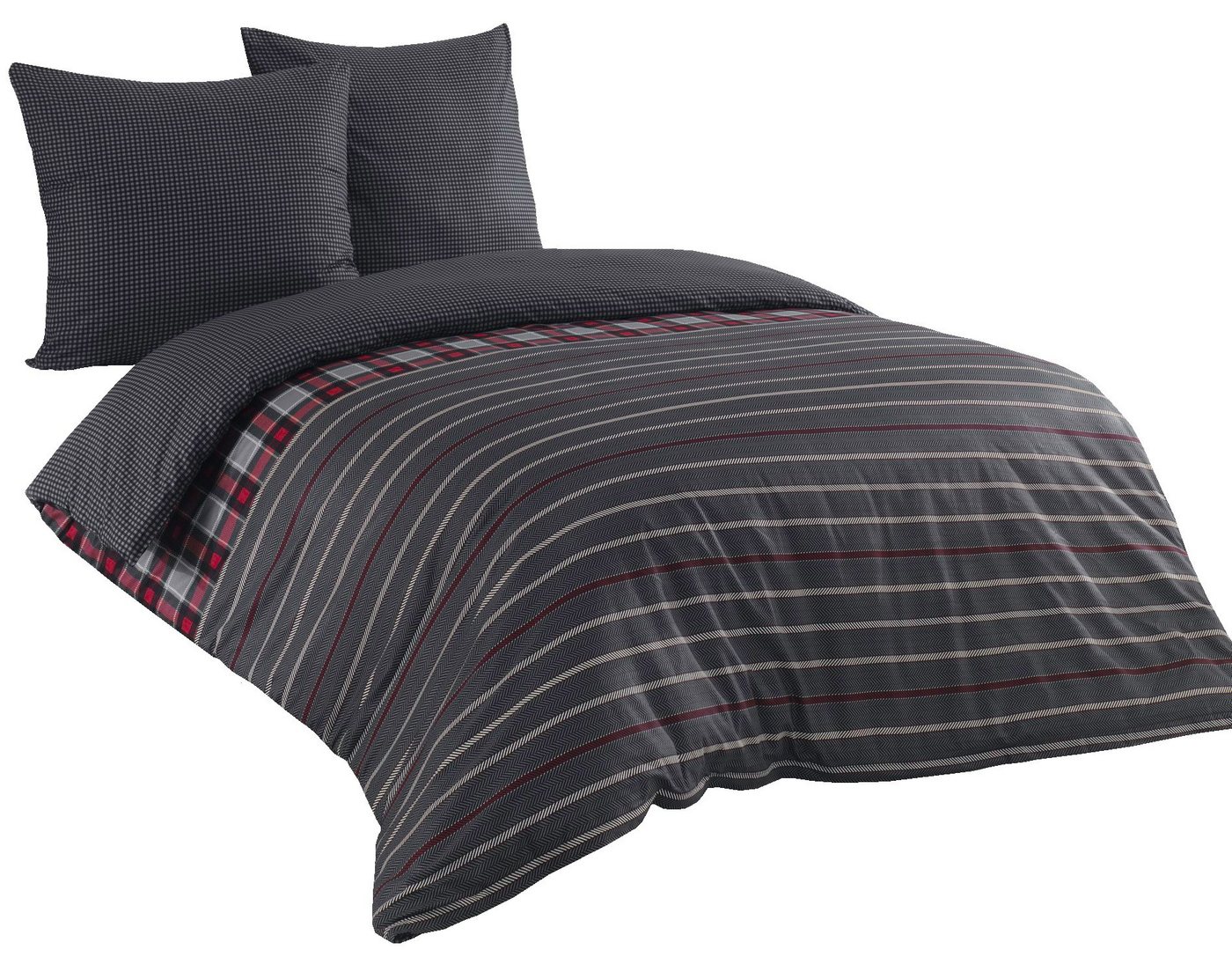 One Home Bettwäsche Berry, Renforcé, 3 teilig, Baumwolle, gestreift und kariert, Doppelbett – Bild 3 von 5