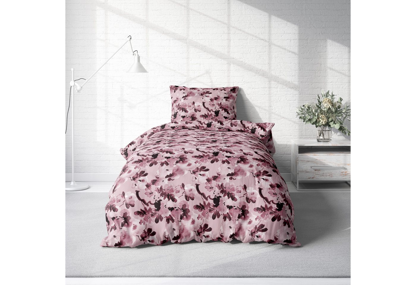 One Home Bettwäsche Blumen Winter, Biber, 2 teilig, geblümt florales Design, kuschelig warme weiche Baumwolle Flanell – Bild 2 von 5