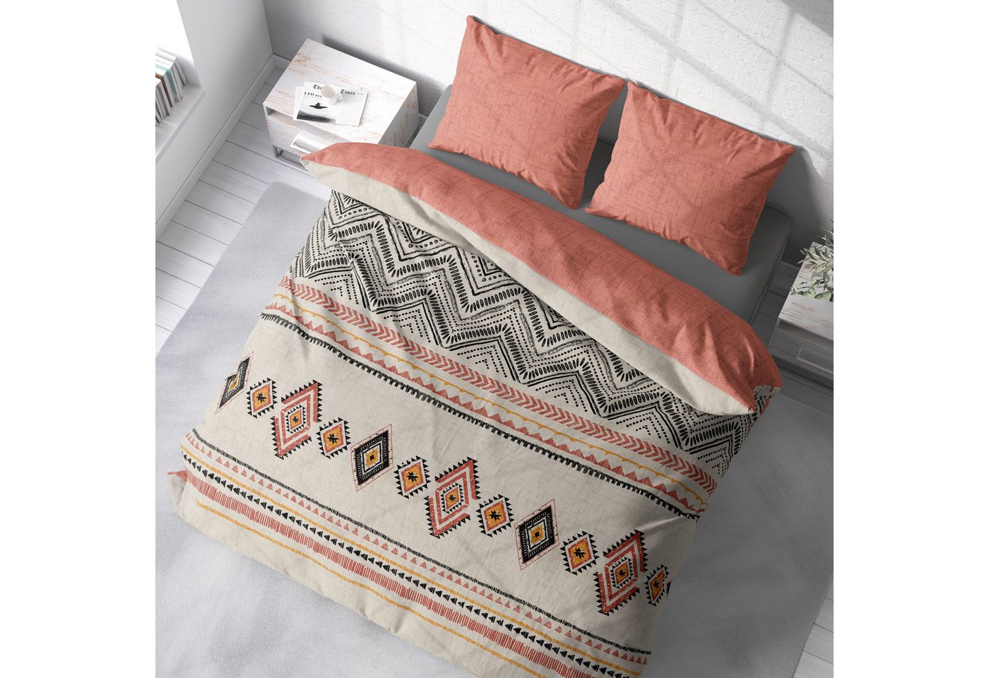 One Home Bettwäsche Boho, Renforcé, 3 teilig, Ethno-Look, Boho-Stil, Zick-Zack, Rautenmuster, Wende – Bild 4 von 5