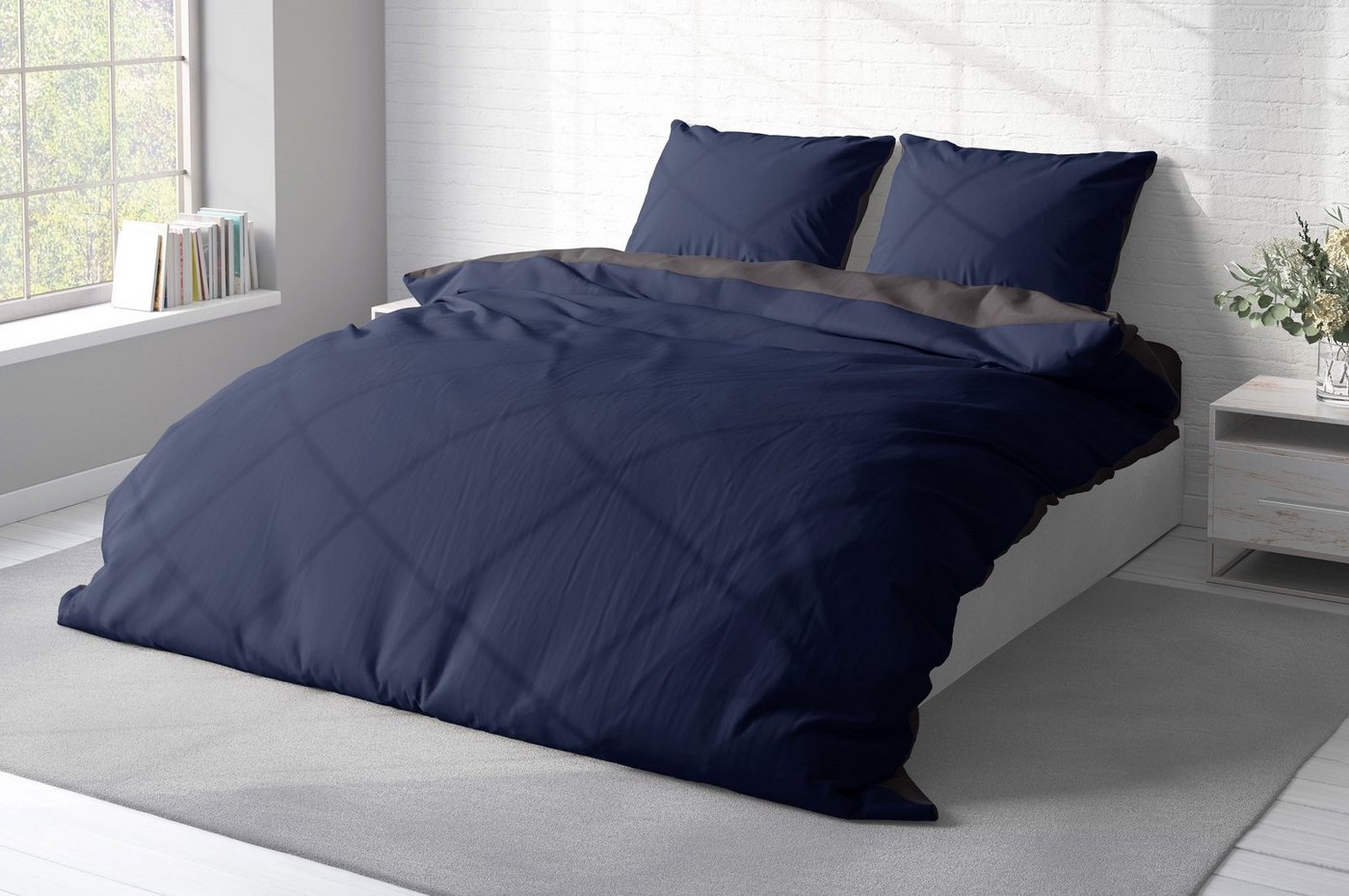 One Home Bettwäsche Doubleface, Mikrofaser, 3 teilig, Uni Wende mit Reißverschluss, Doppelbett – Bild 3 von 5
