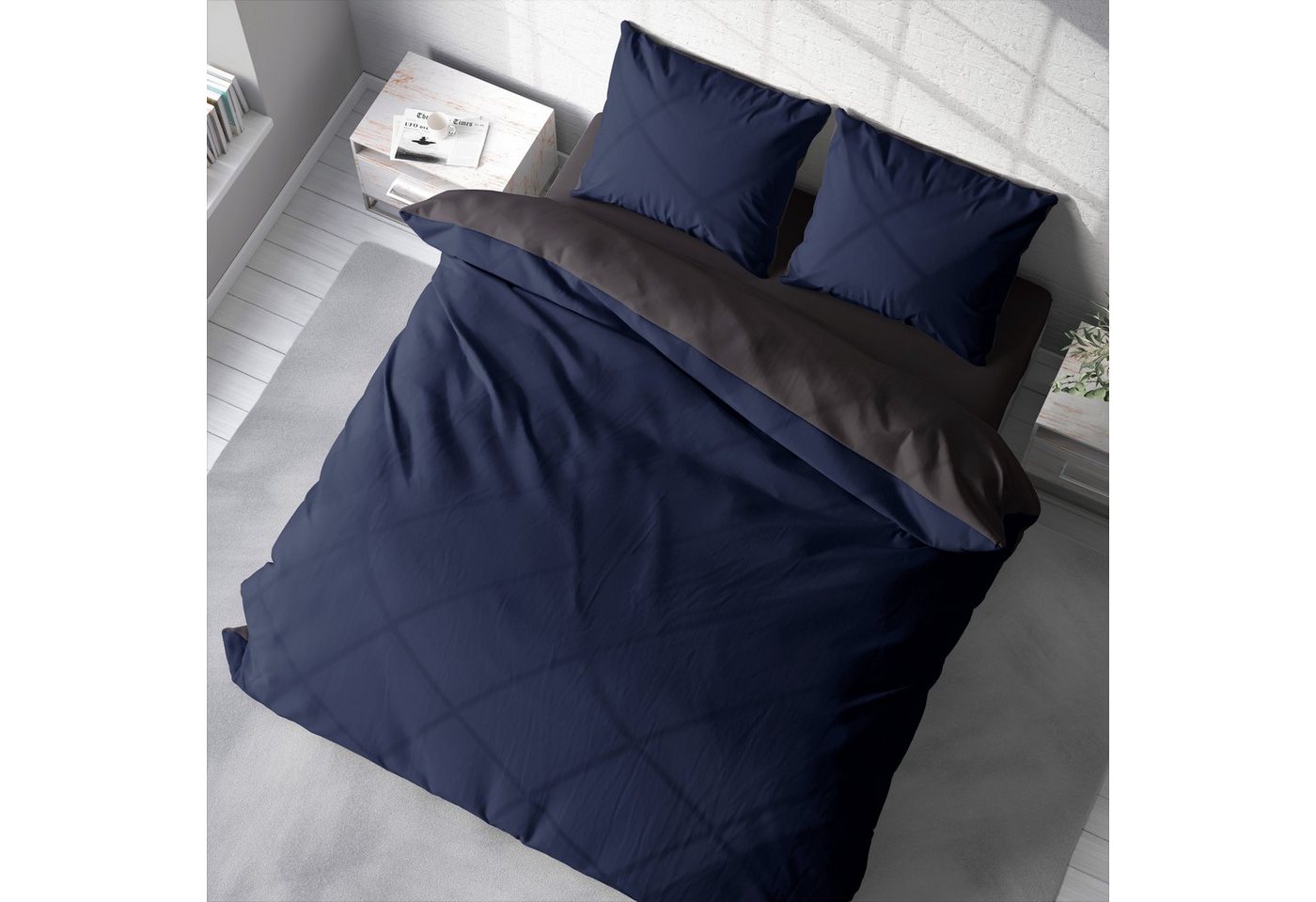One Home Bettwäsche Doubleface, Mikrofaser, 3 teilig, Uni Wende mit Reißverschluss, Doppelbett – Bild 4 von 5