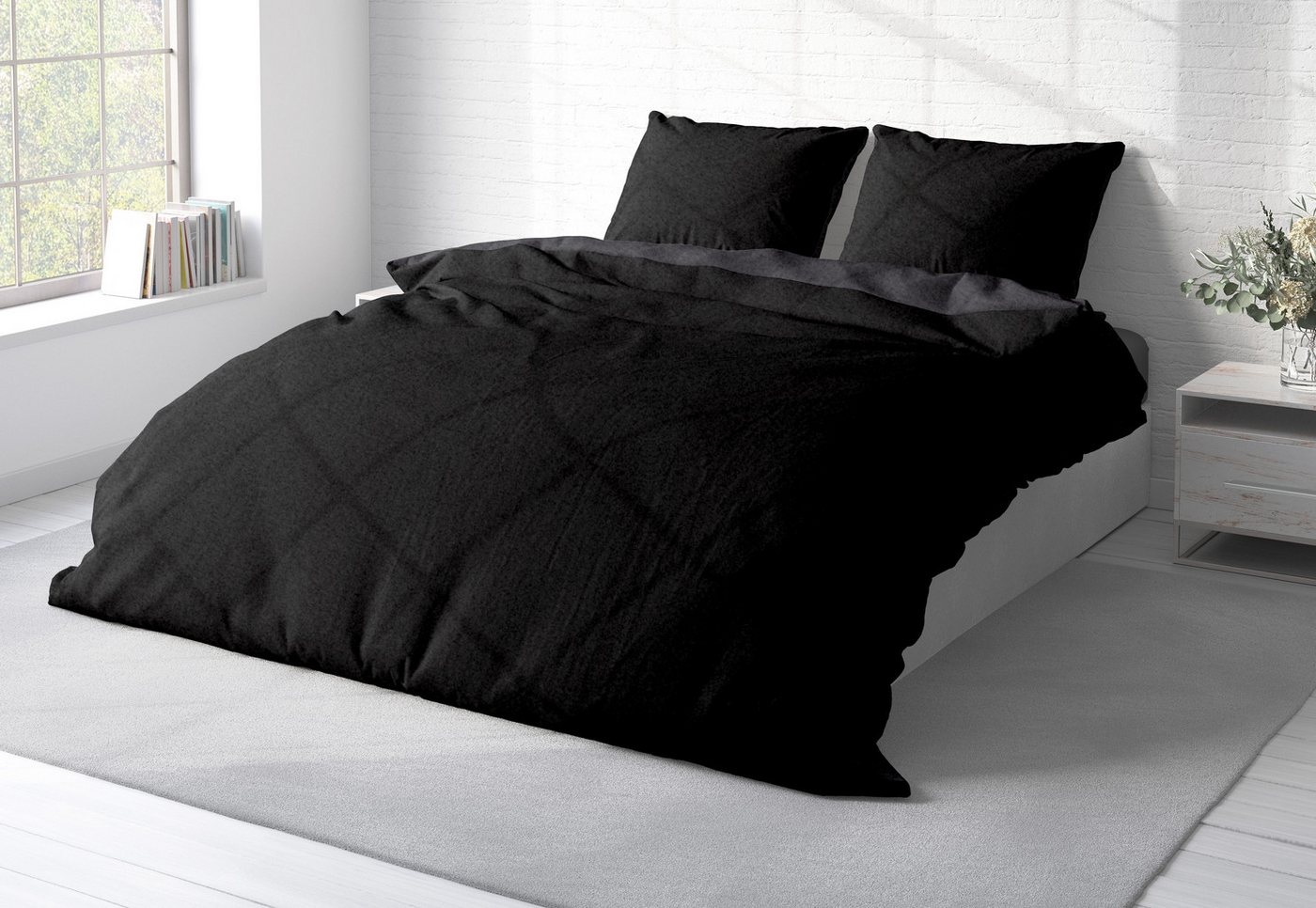 One Home Bettwäsche Doubleface Unifarben, Fleece, 3 teilig, Wende modern, kuschelig flauschig warm weich Winter Doppelbett – Bild 3 von 5
