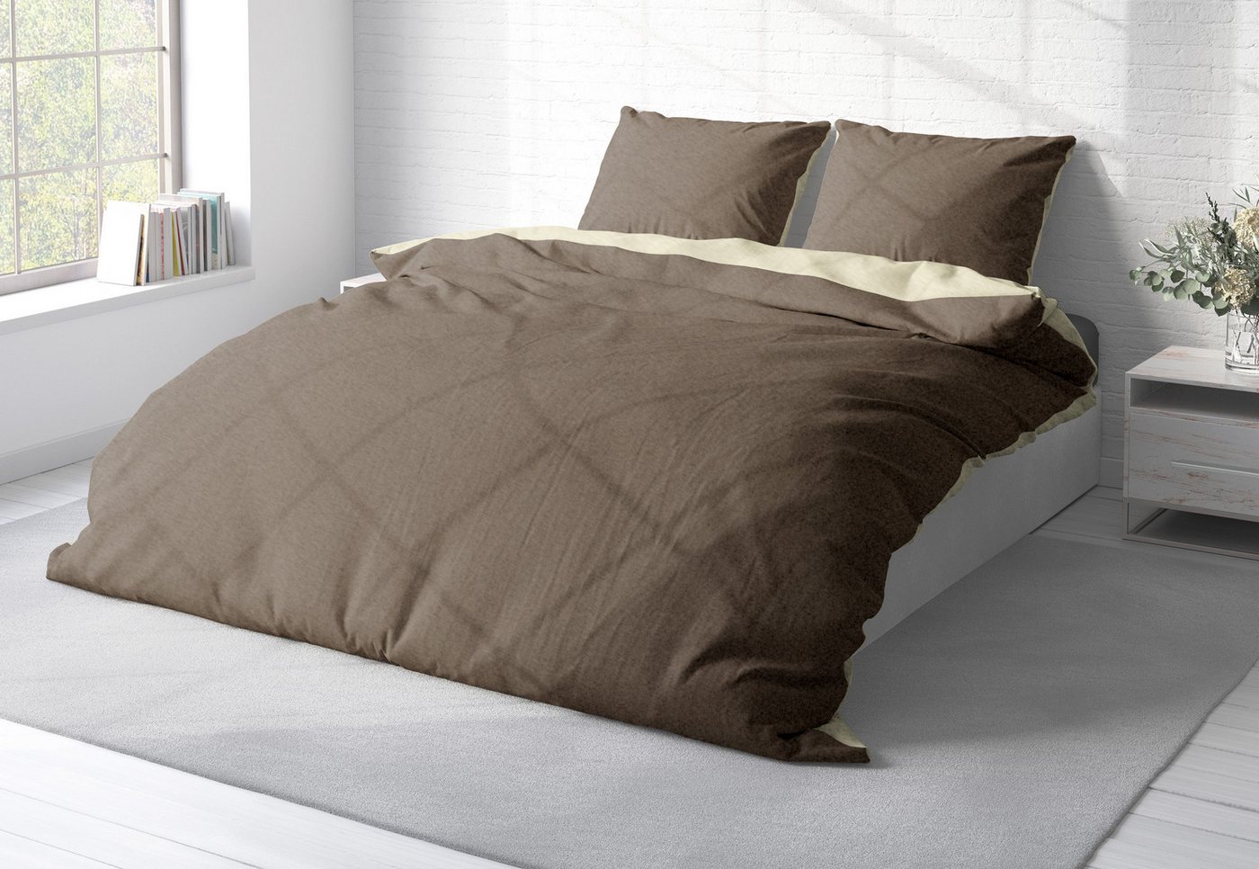 One Home Bettwäsche Doubleface Unifarben, Fleece, 3 teilig, Wende modern, kuschelig flauschig warm weich Winter Doppelbett – Bild 3 von 5