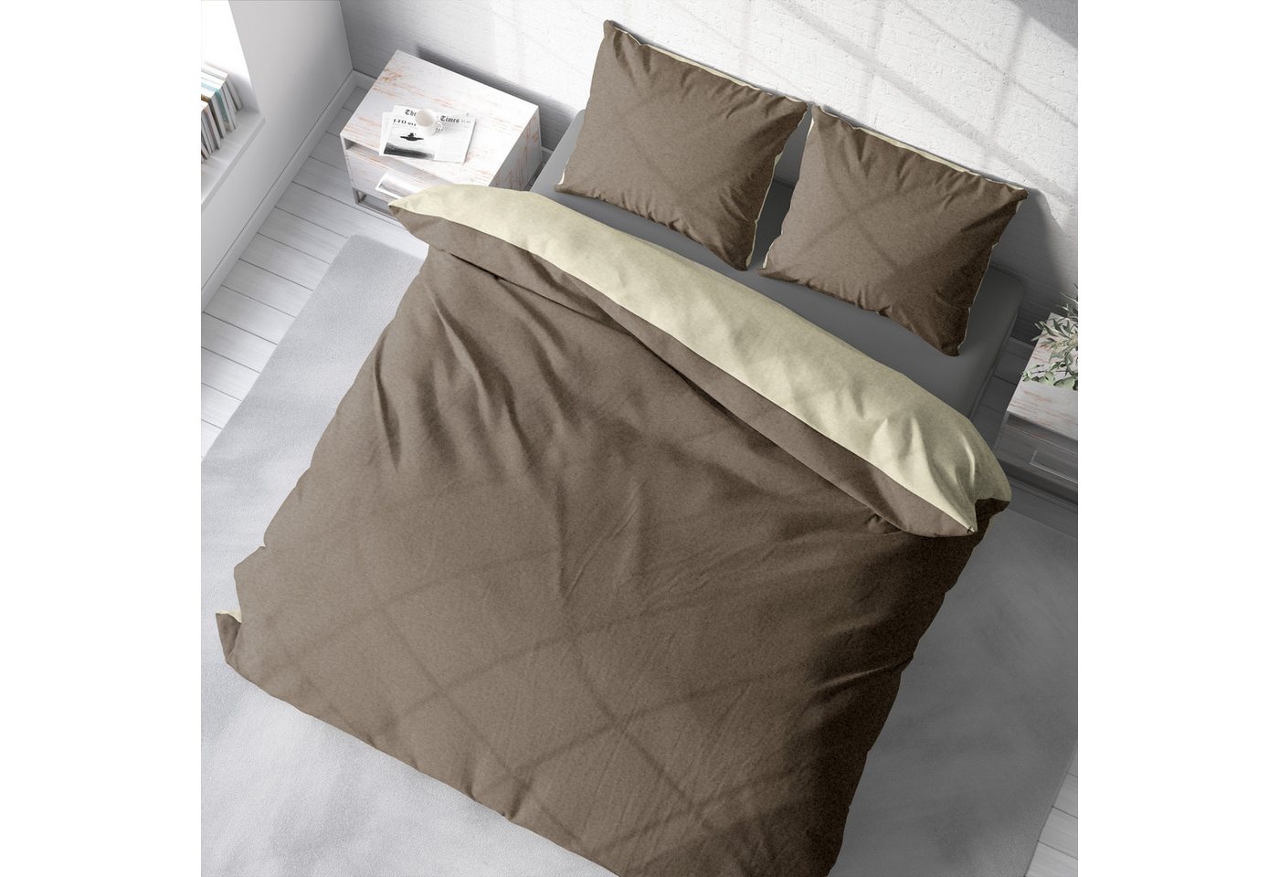 One Home Bettwäsche Doubleface Unifarben, Fleece, 3 teilig, Wende modern, kuschelig flauschig warm weich Winter Doppelbett – Bild 4 von 5
