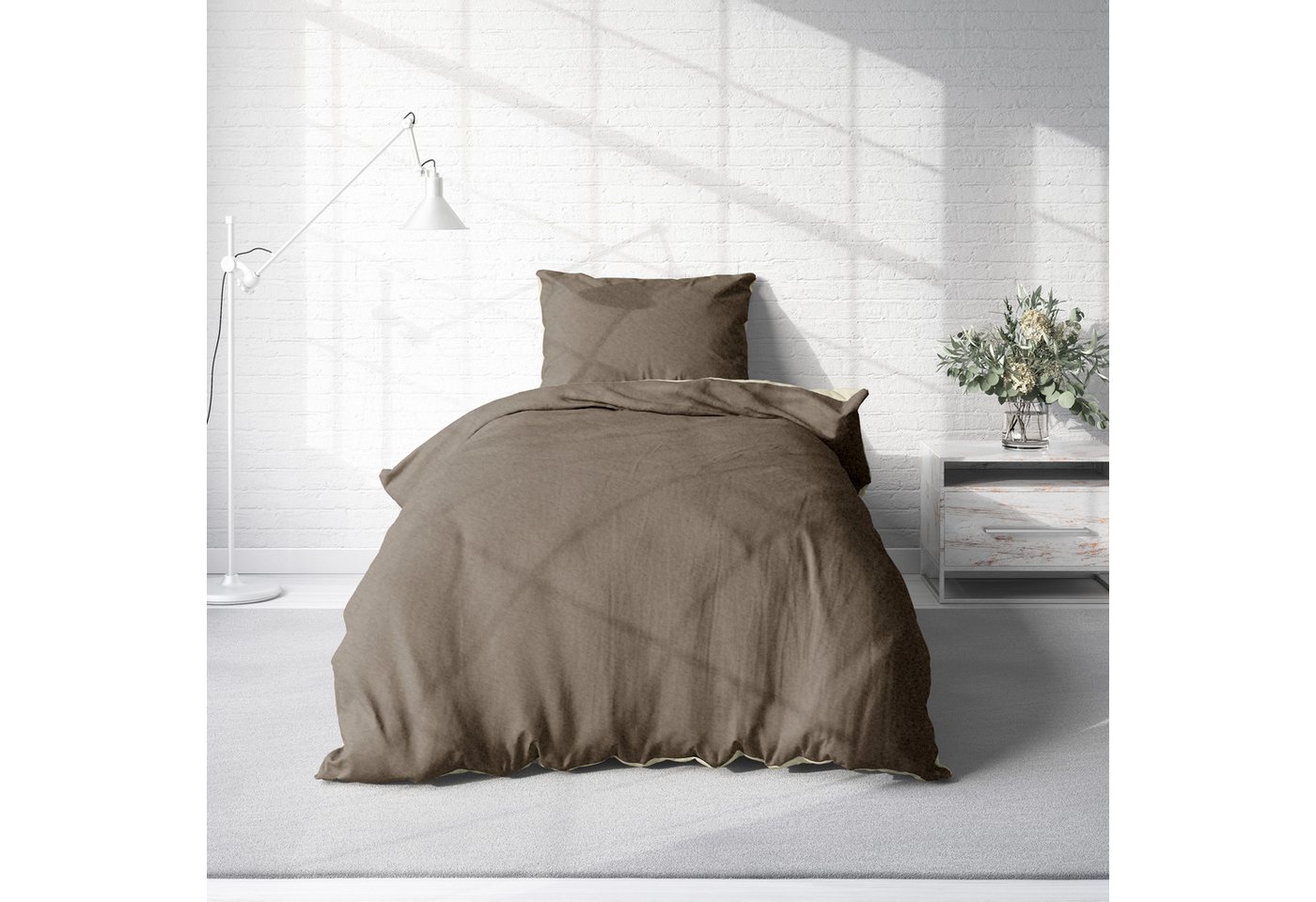 One Home Bettwäsche Doubleface Unifarben, Fleece, 4 teilig, Wende modern, kuschelig flauschig warm weich Winter Normalgröße – Bild 2 von 5