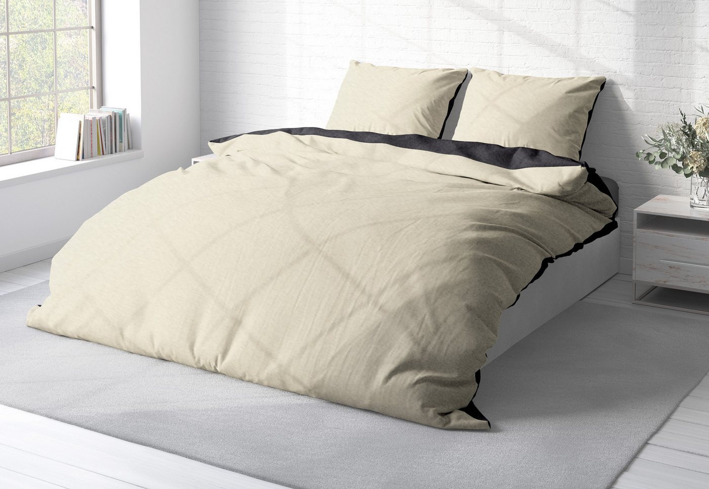 One Home Bettwäsche Doubleface Unifarben, Fleece, 3 teilig, Wende modern, kuschelig flauschig warm weich Winter Doppelbett – Bild 3 von 5