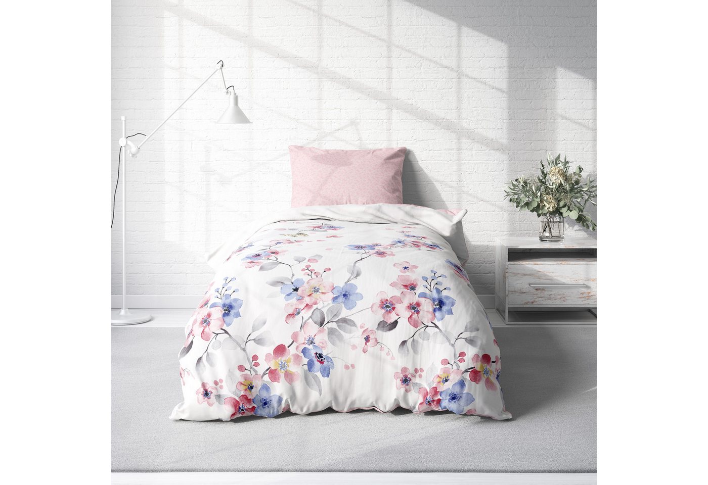 One Home Bettwäsche Schmetterlinge, Renforcé, 2 teilig, Blumen geblümt florales Design Schmetterlinge, Wende – Bild 2 von 5