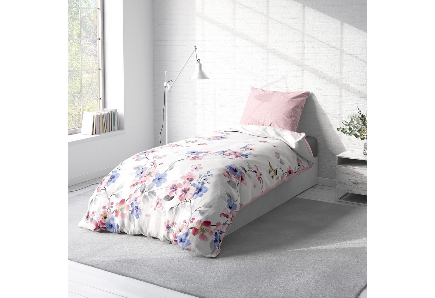 One Home Bettwäsche Schmetterlinge, Renforcé, 2 teilig, Blumen geblümt florales Design Schmetterlinge, Wende – Bild 3 von 5