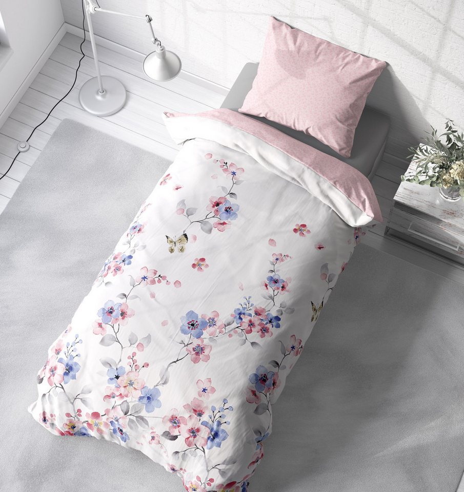 One Home Bettwäsche Schmetterlinge, Renforcé, 2 teilig, Blumen geblümt florales Design Schmetterlinge, Wende – Bild 4 von 5