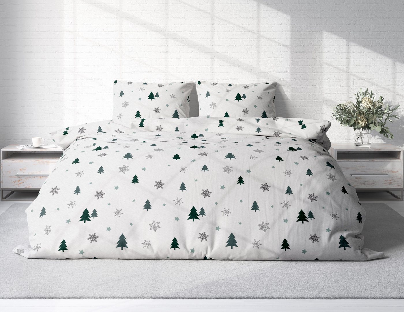 One Home Bettwäsche Tannenbaum, Fleece, 3 teilig, Schnee Kristalle, kuschelig flauschig warm weich Winter Doppelbett – Bild 2 von 5