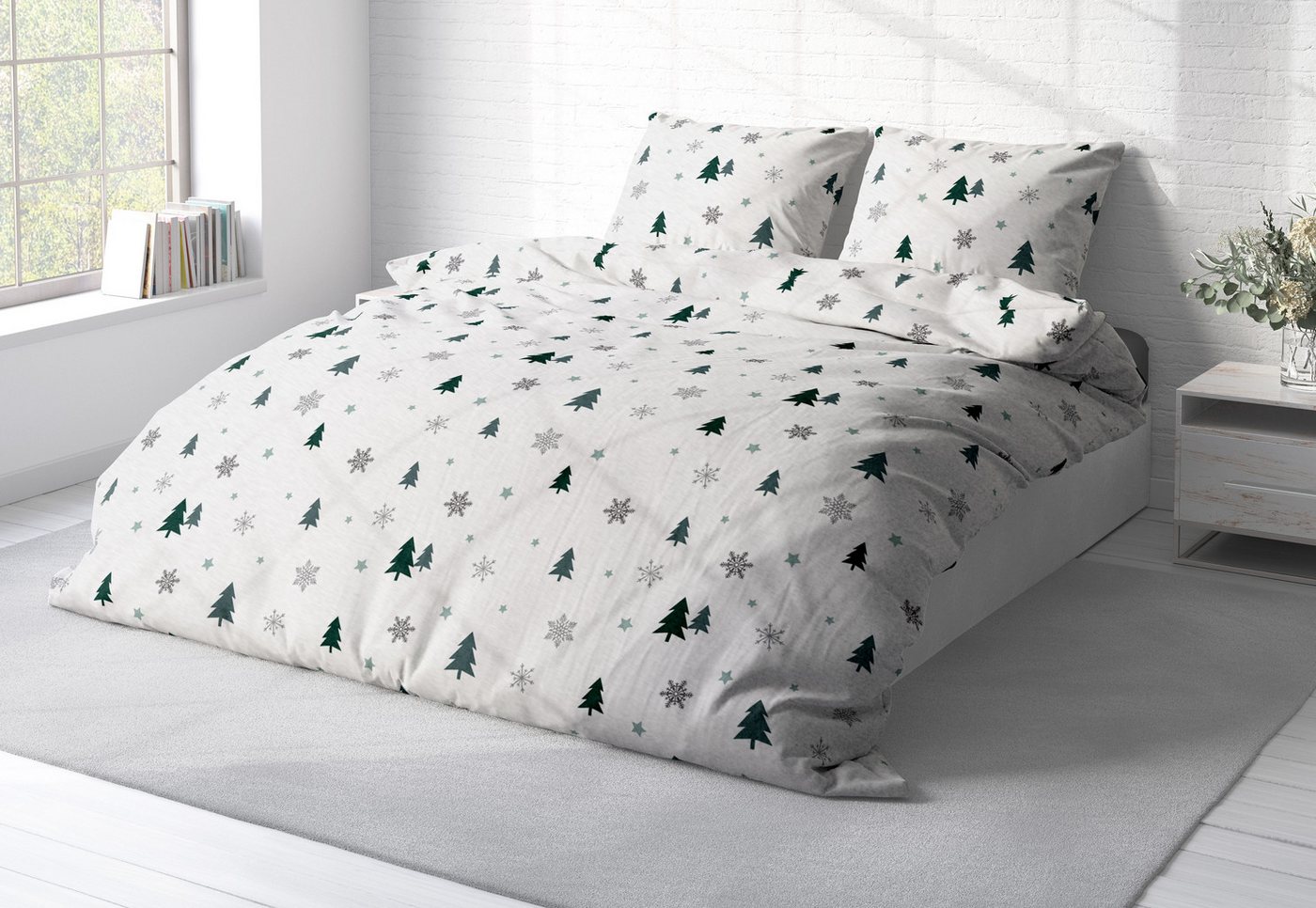 One Home Bettwäsche Tannenbaum, Fleece, 3 teilig, Schnee Kristalle, kuschelig flauschig warm weich Winter Doppelbett – Bild 3 von 5