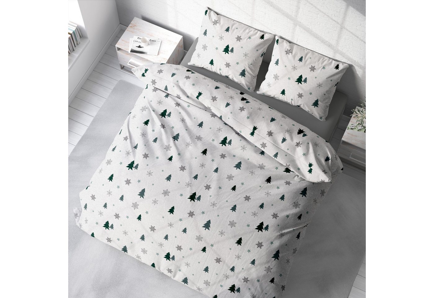 One Home Bettwäsche Tannenbaum, Fleece, 3 teilig, Schnee Kristalle, kuschelig flauschig warm weich Winter Doppelbett – Bild 4 von 5