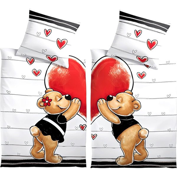 One Home Bettwäsche Teddy Bärchen Love, Mikrofaser, 4 teilig, verliebte Bären mit Herzen, Partnerbettwäsche