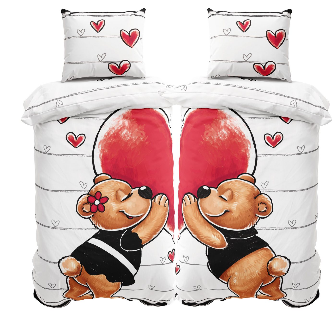 One Home Bettwäsche Teddy Bärchen Love, Mikrofaser, 4 teilig, verliebte Bären mit Herzen, Partnerbettwäsche – Bild 2 von 5