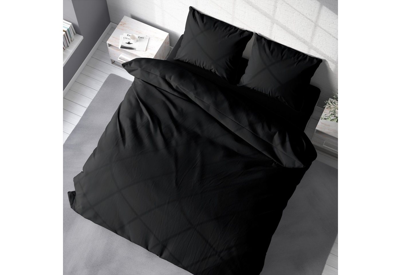 One Home Bettwäsche Unifarben Einfarbig, Renforcé, 3 teilig, Baumwolle mit Reißverschluss, Doppelbett – Bild 4 von 5