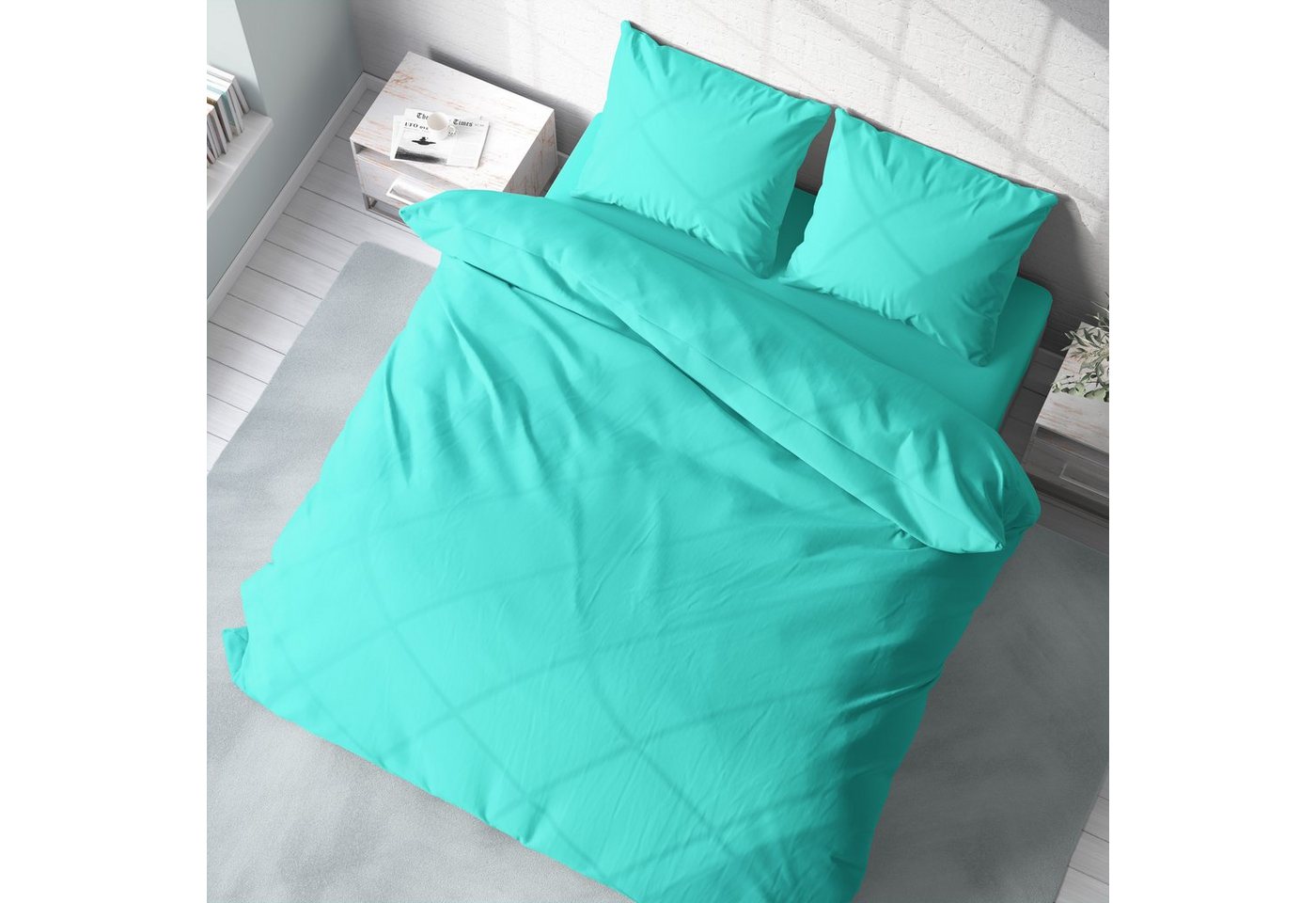 One Home Bettwäsche Unifarben Einfarbig, Renforcé, 3 teilig, Baumwolle mit Reißverschluss, Doppelbett – Bild 4 von 5